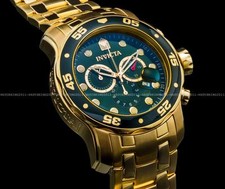 New Invicta Pro Diver Scuba 18K Gold Plated Green Dial Chrono S.S Bracelet Watch