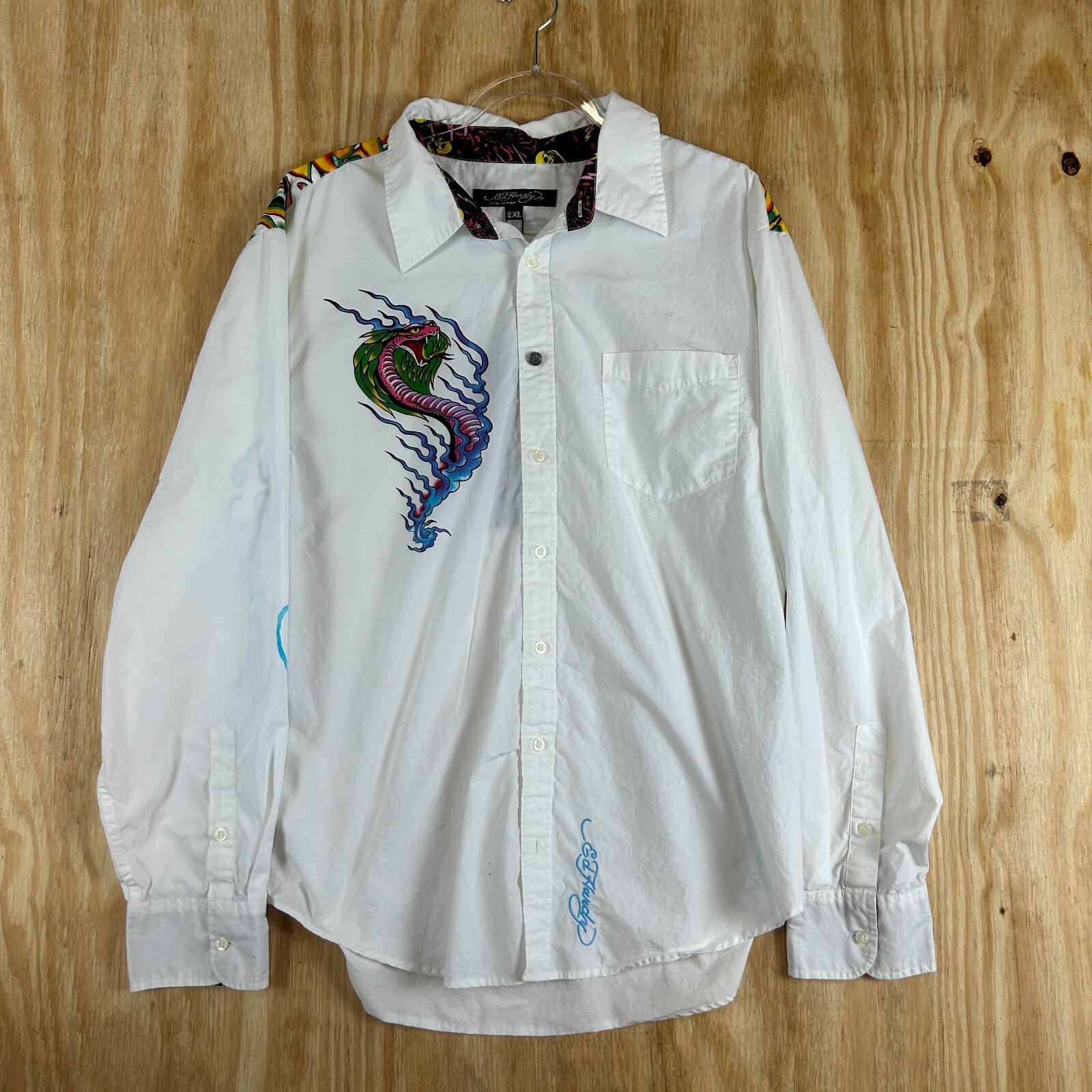 Y2K Ed Hardy Tiger Snake Embroidered Men’s Button Up Shirt White 2XL