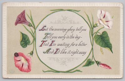 Greetings~Purple Pink & White Morning Glorys & Poem~Vintage Postcard