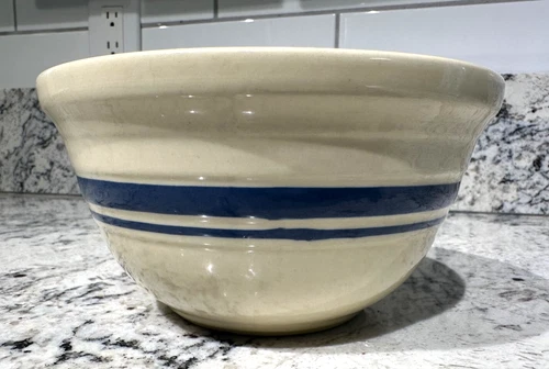 ROSEVILLE POTTERY Vintage Friendship Mixing Bowl Cream Blue Stripes 7" Diameter