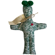 Vtg Dammit Doll Stress Relief Green Floral Print Yarn Hair Wiggly Eyes & A Heart