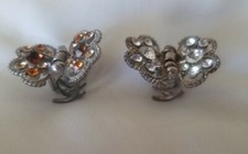 Vintage Butterfly Claw Clips Jeweled Hair Silver Tone Citrine Diamond Stone Ex