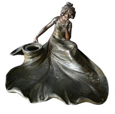 French Art Nouveau Bronze Inkwell w Glass Insert Figural Woman in Flowing Gown