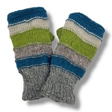 New Wool Fingerless Knit Stripe Gloves Fleece Lining Arm Warmer Gray Green NEW
