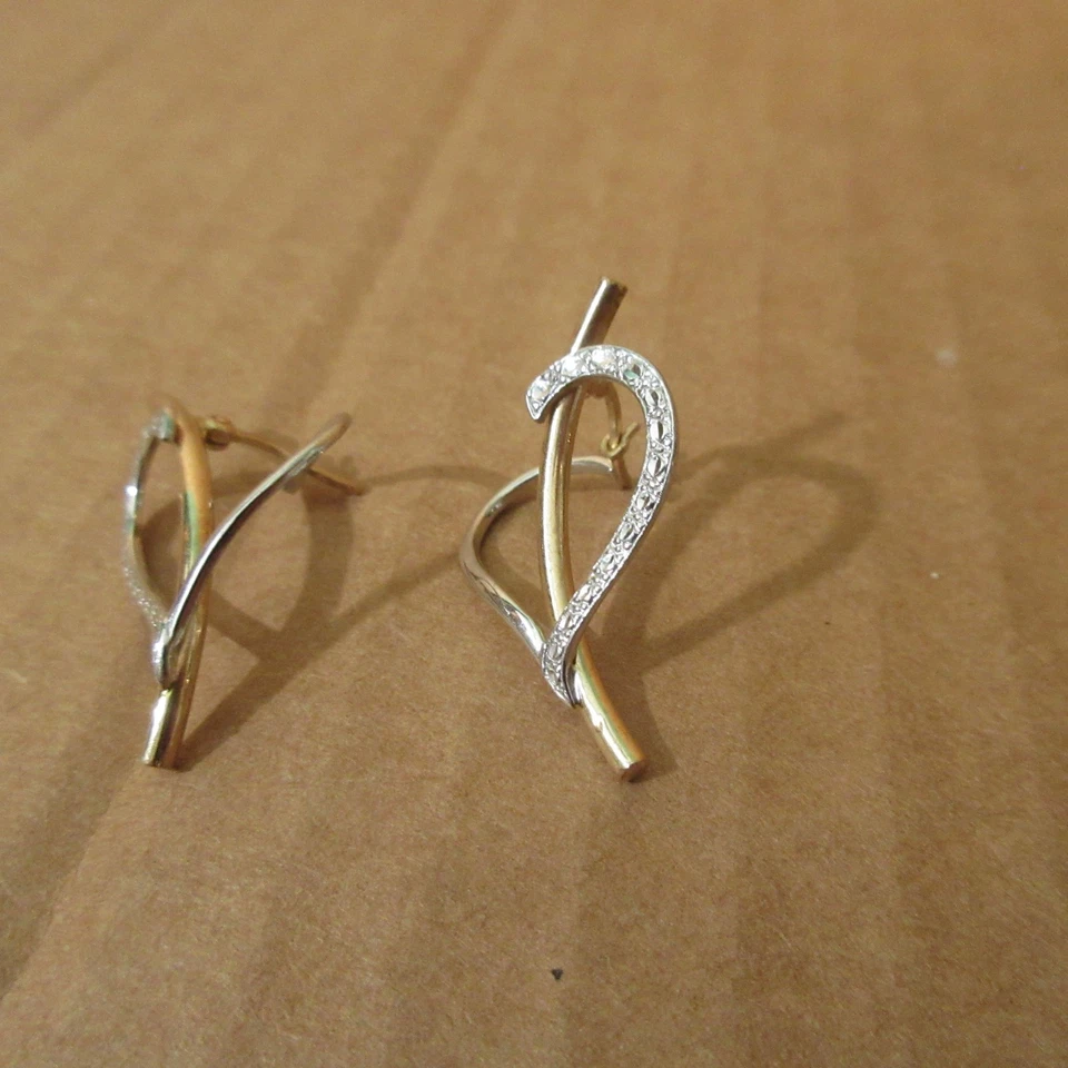 14K Israel Wht+Yel Gold Heart Open Hoop Earrings 1.25 Cut Simulated Diamond 2.9g - Image 3 of 4