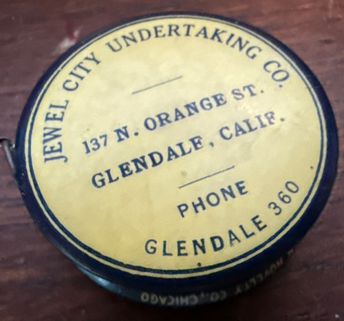 Jewel City Undertaking Co. Glendale Ca Celluloid Tape Measure