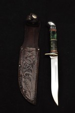 Vintage Western L48A Bird &Fish Knife with Turquoise & Amber Pearl and Sheath