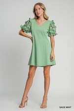 Umgee Sage Mint French Terry V-Neck Swing Dress w/Beautiful Lace Puff Sleeves