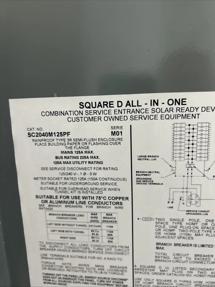 Square D SC2040M125PF Solar Ready Outdoor Service Entrance 125A All-in-1 20s/40c - Image 2 of 4
