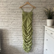 Sage Green Ruffle Waffle Ruched Corset Mid- maxi Dress PLT Size Uk 6