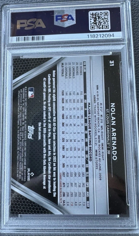 2024 Topps Chrome черный - Nolan Arenado #31 красный переливающийся 4/5 PSA 10 - Изображение 2 из 2