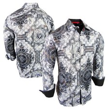 Mens Shirt Gray Floral Prints Gold Design Overlay Stretch Slim Fit Button Up