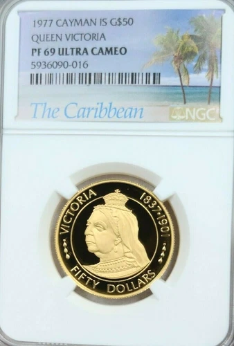 1977 CAYMAN ISLANDS GOLD 50 DOLLARS QUEEN VICTORIA NGC PF 69 ULTRA CAMEO RARE