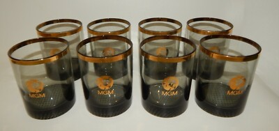 Set of 6 Vintage MGM Grand Smoke Glass Gold Gild Barware Glasses