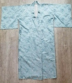 Vintage Blue Satin Floral Jacquard Long Kimono with Belt - Made in Japan