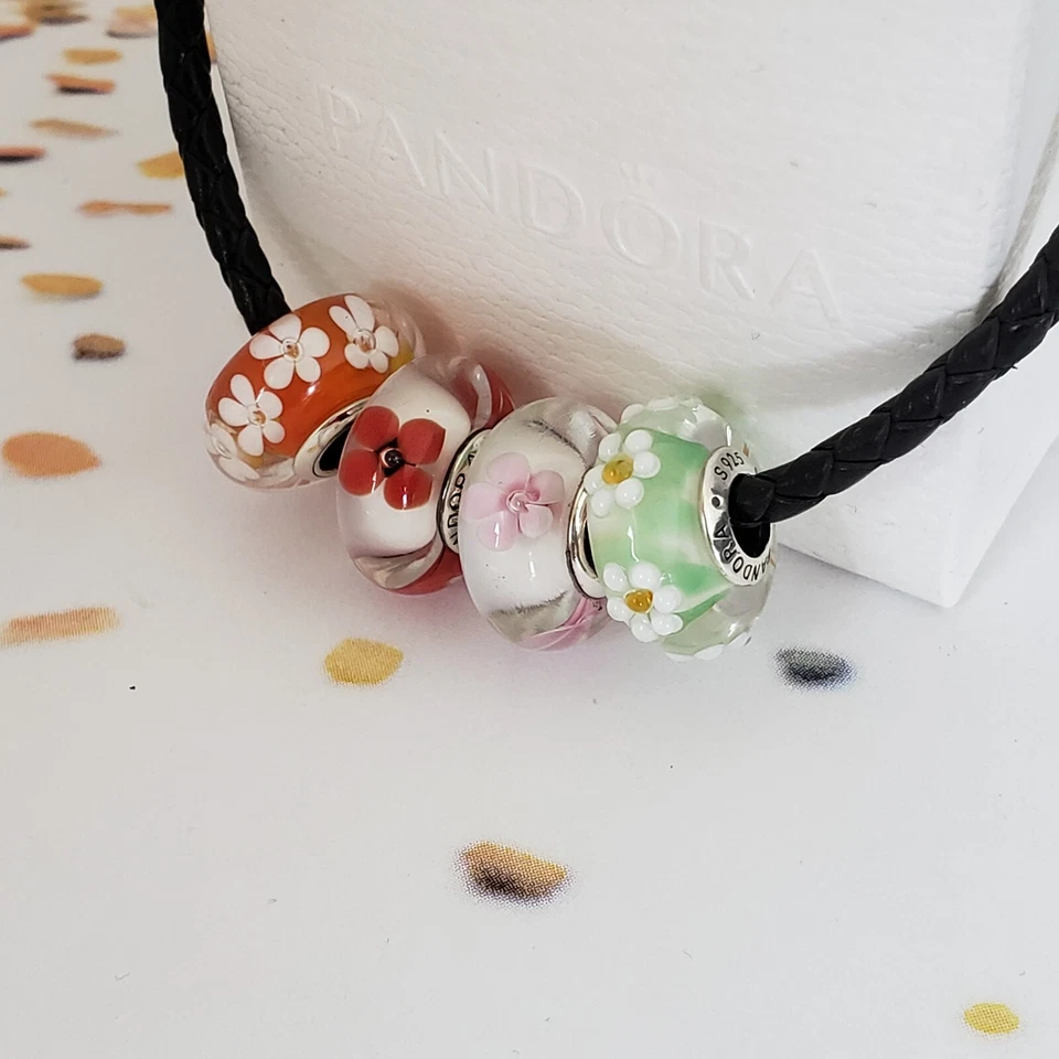 Set Of 4 New Pandora Authentic Murano Flowers Charms  - Image 2 of 4