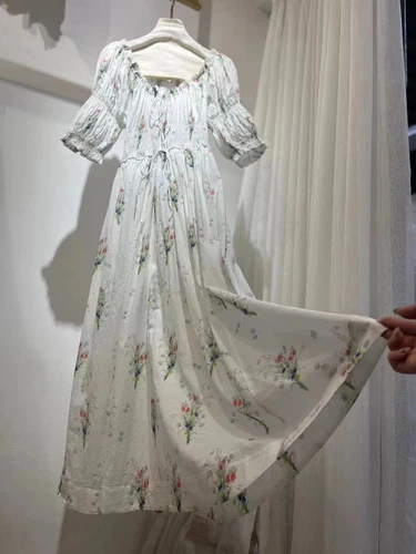Vestido midi estampado floral manga corta de algodón orgánico 2025 para mujer - Imagen 2 de 10