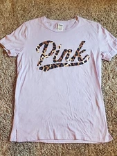 Pink Victoria Secret Light Purple Lilac Cheetah Print Logo Tee Tshirt Size XS