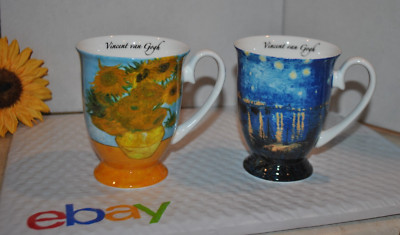 STECHCOL Coastline Imports S/2 Footed Mug ART Van Gogh SUNFLOWERS STARRY NIGHT