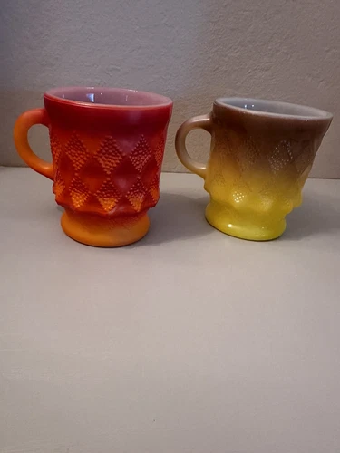 Vintage ANCHOR HOCKING FIRE KING KIMBERLY Cup Lot, 1 Red/Orange 1 Yellow/Brown