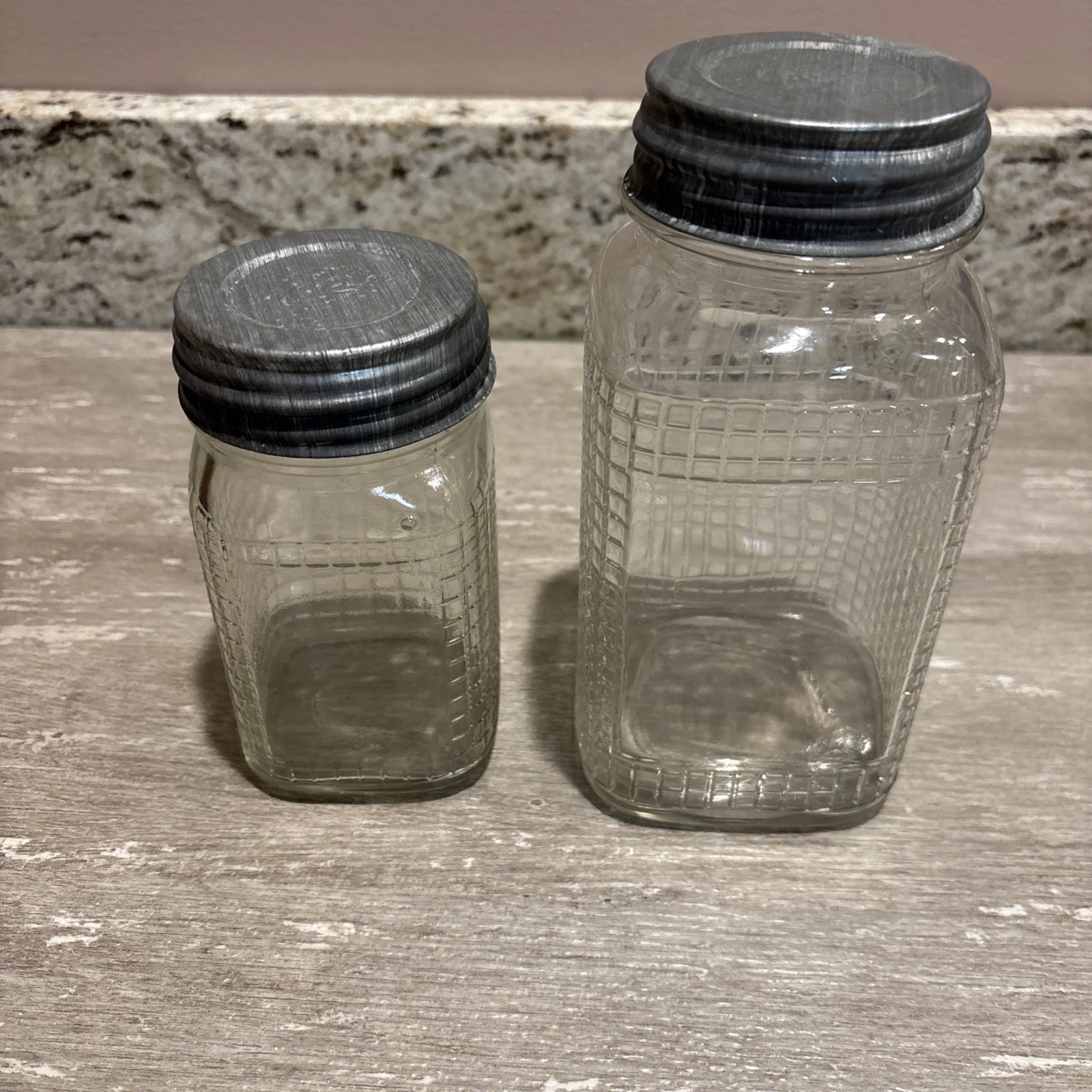2 Vtg Glass Embossed Waffle Grid Pattern Jars Clear Panel - Zinc Lids Quart Pint