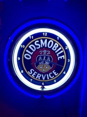 Oldsmobile Service Motors Auto Garage Man Cave Neon Style Retro LED Clock Sign