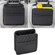 PU Leather Car Seat Back Organizer, Black Three-Pocket Layout with Clear Panel