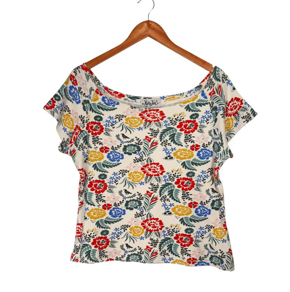 Kylie Jane Size L Floral Multicoloured T-Shirt Boat Neck Cotton