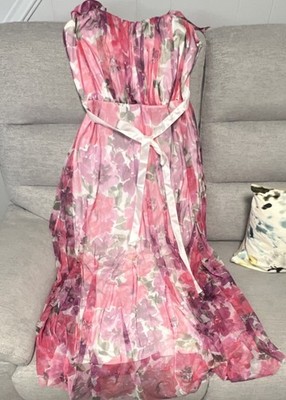 Candalite Pink Floral Maxi Gown Off Shoulder Chiffon Dress Short Sleeve Size L