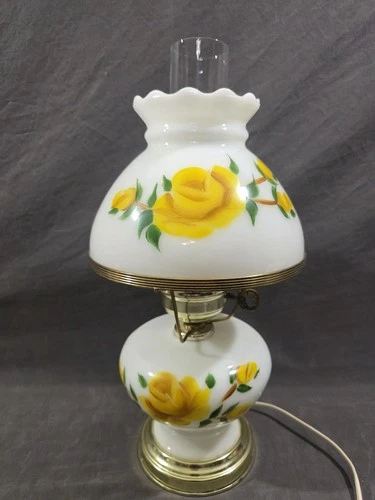 VTG Milk Glass Table Lamp Yellow Rose Electric Country Cottage Floral 16.5"
