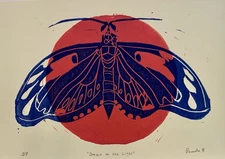 Original Indigo Moth Print Red Sun Linocut Art Nature-Inspired Celestial Decor