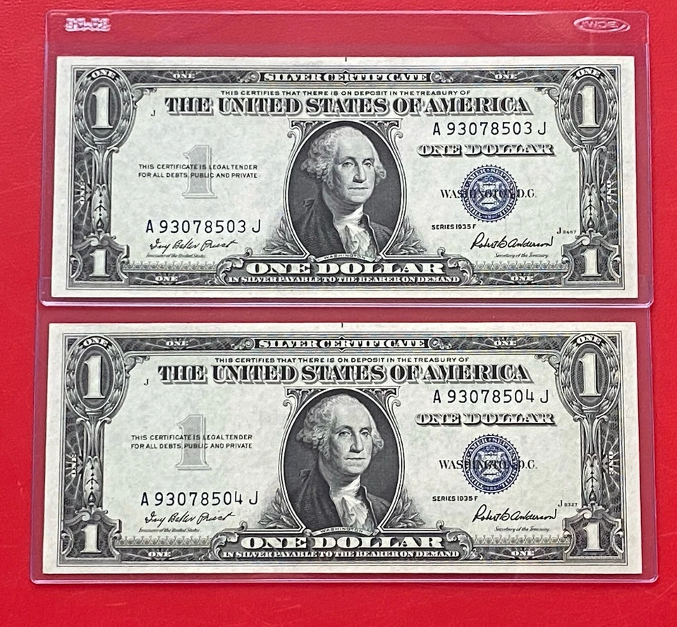$1 1935-F BLOCK A-J ( 2 Consecutive Notes ) BLUE  SEAL SILVER CERTIFICATE CU. - Image 2 of 3