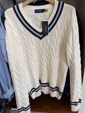 NWT Polo Ralph Lauren Cream with Navy CRICKET Cable Knit Cotton V-Neck Sweater