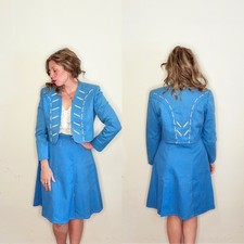 1980s Dolly Parton Style Western Skirt Suit 29  Waist Blue Cowgirl Two Piece