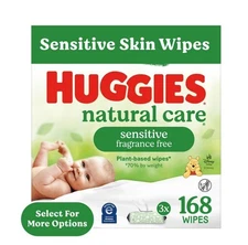 Huggies Natural Care Sensitive Baby Wipes, Unscented, 3 Flip-Top Packs (168 Wipe