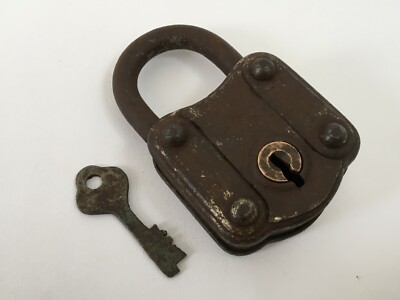 Lock Old Vintage Padlock with Key Rear Iron Unique Shape Germany Collectible 