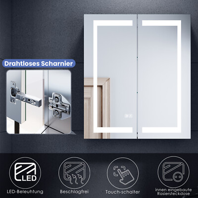 Spiegelschrank mit LED Beleuchtung Steckdose Beschlagfrei Edelstahl Touch 60x70
