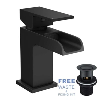 KBPLUMB-BATHWARE Black Square Waterfall Cloakroom Mini Basin Mixer Tap Sink Mono Bathroom + Waste