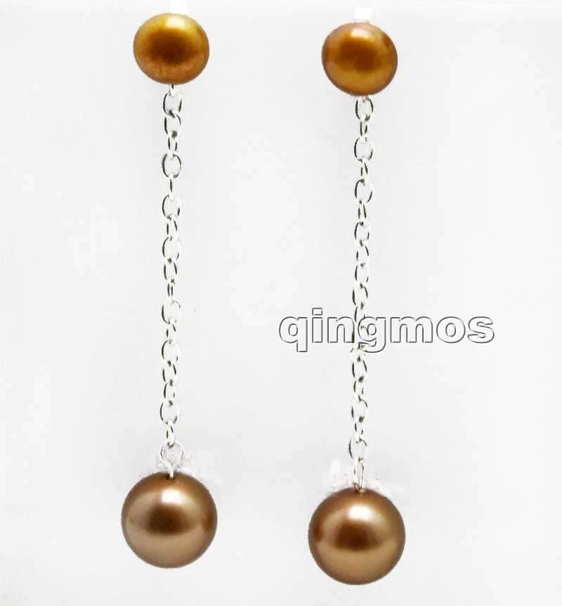 Pendiente colgante redondo de perlas marrones de 7-8 mm para mujer de 12 mm concha marina Foto 2 de 4