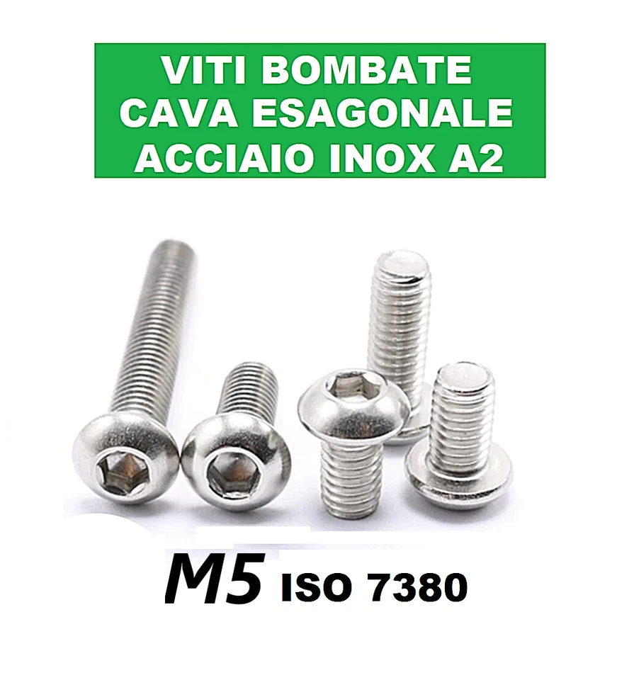 VITI M5 IN ACCIAIO INOX TESTA BOMBATA CAVA ESAGONALE PERNI A BOTTONE ISO 7380 - Immagine 4 di 4