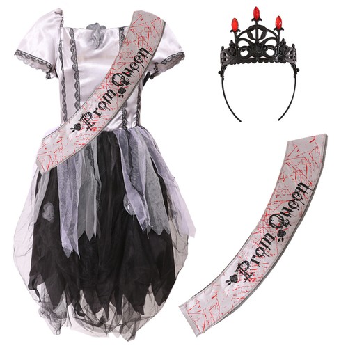 CHILDS UNDEAD PROM QUEEN HALLOWEEN COSTUME ZOMBIE GOTHIC GIRLS BRIDE FANCY DRESS - Picture 2 of 13