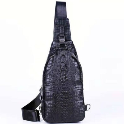 Men's Sling Backpack 100% Genuine Leather Crocodile Pattern Crossbody Chest Bag