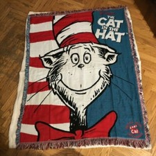 Dr. Seuss Cat in the Hat  Throw Blanket Very Soft  About 48"X60" with Fringes