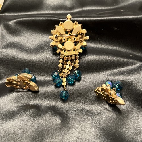 Vintage Brosche und Ohrringe Set Aqua Blau Eis Strass Clip On - Bild 9 von 13