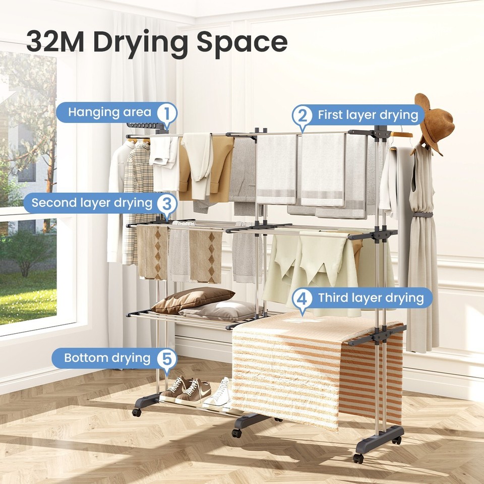 4-Tier Clothes Drying Rack, Extra Large Clothes Airer Extendable 18-32M ...