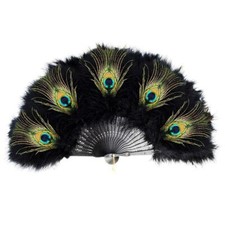 Colourful Peacock Marabou Feather Hand Fan Dance Folding Vintage Fancy Dress
