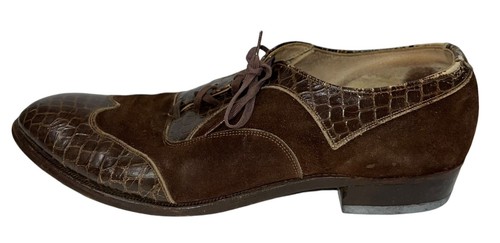 1950s Mens Alligator Wing Tip Leather Shoes Mid Century Rockabilly Swing MCM 7 - Picture 5 of 18
