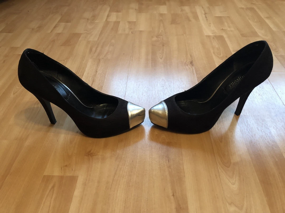 Black High Heels Suede Style Silver Front Detail New Look Size