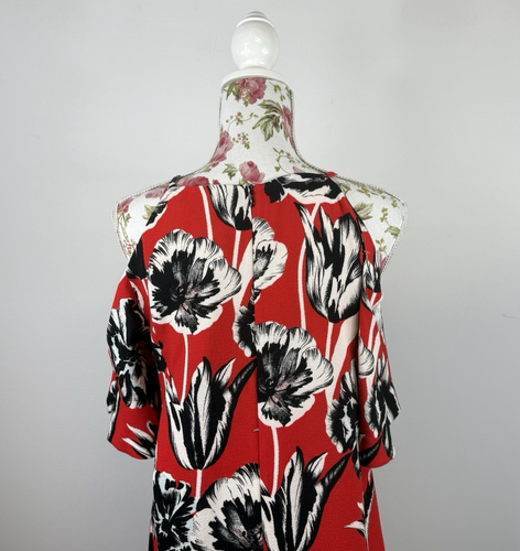Veronika Maine women's red floral dress short sleeve cold shoulder midi Size 10 - Picture 7 of 12
