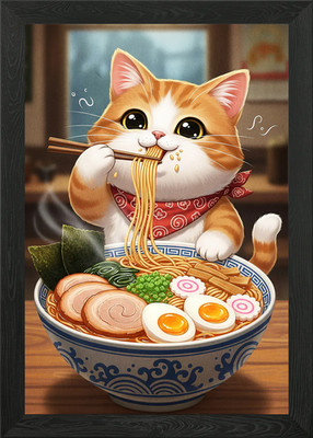 Cat Eating Ramen Framed Wall Art Poster Canvas Print Picture